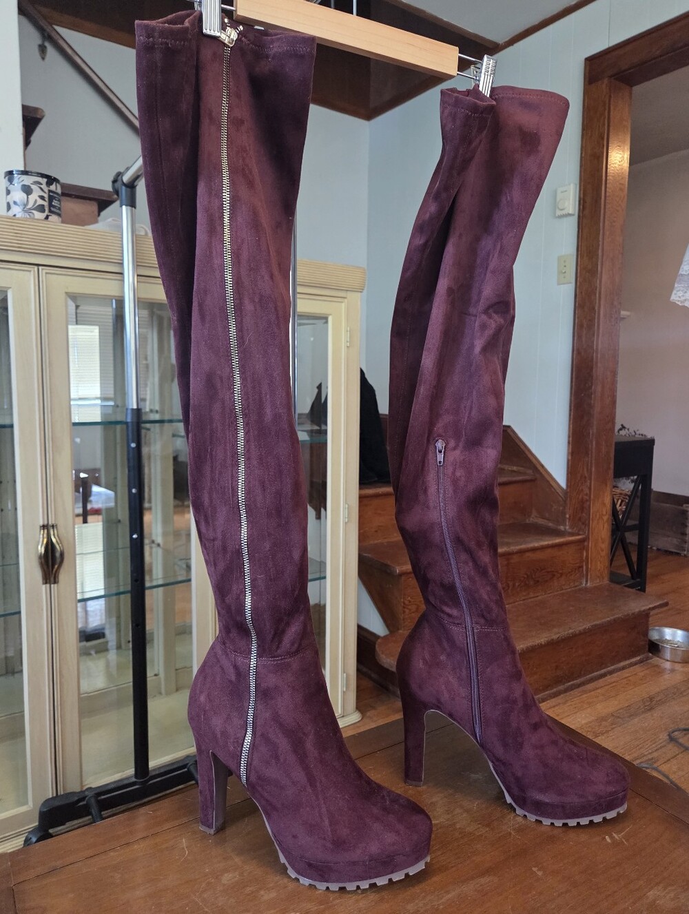 Oxblood Faux Suede Platform Heeled Over The Knee Boots - Picture 2 of 11